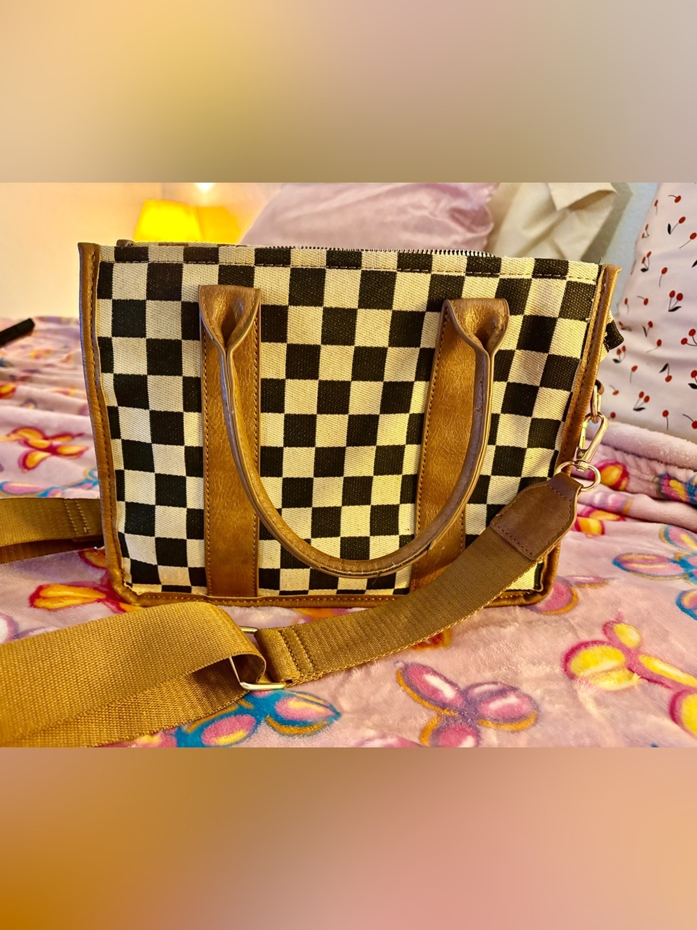 Amazon Black-and-White Check Canvas Tote with Brown Trim